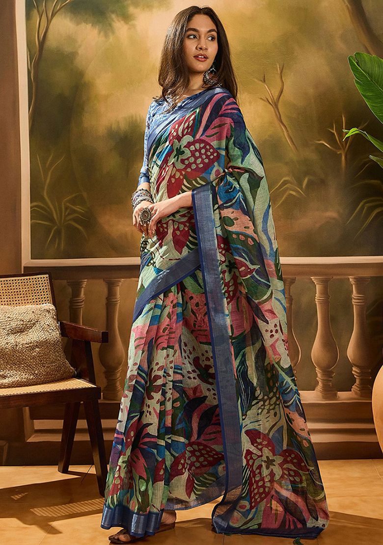 Delux Digital Print Linen Saree with Unstitched Blouse