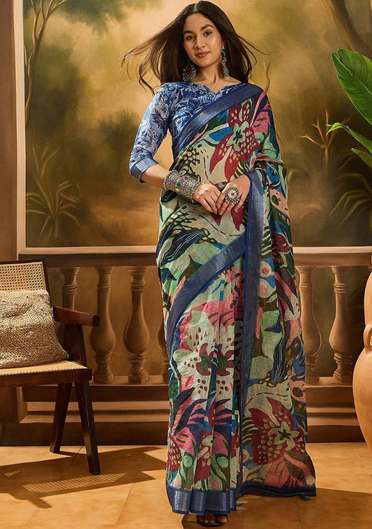 Delux Digital Print Linen Saree with Unstitched Blouse