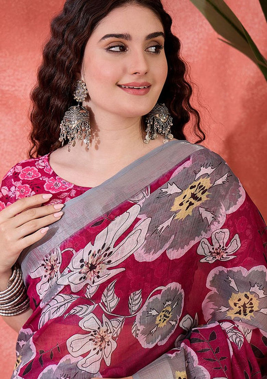 Pink Flower Digital Print Linen Saree with Unstitched Blouse