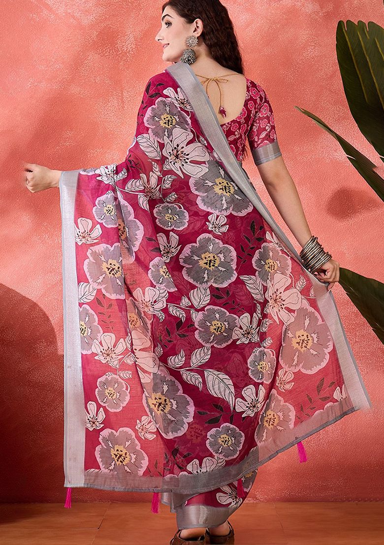 Pink Flower Digital Print Linen Saree with Unstitched Blouse