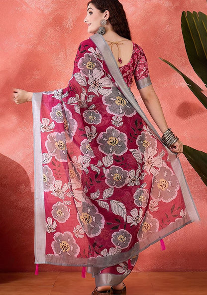 Pink Flower Digital Print Linen Saree with Unstitched Blouse