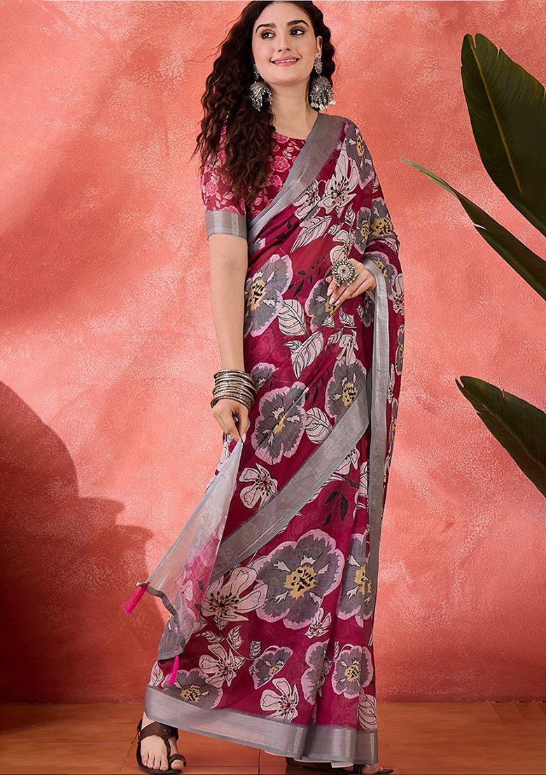Pink Flower Digital Print Linen Saree with Unstitched Blouse