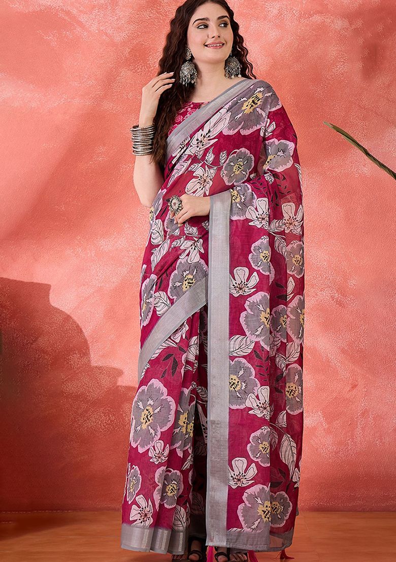 Pink Flower Digital Print Linen Saree with Unstitched Blouse