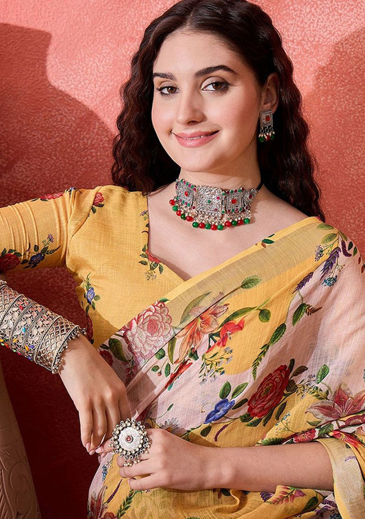 Multi Flower Digital Print Linen Saree with Unstitched Blouse