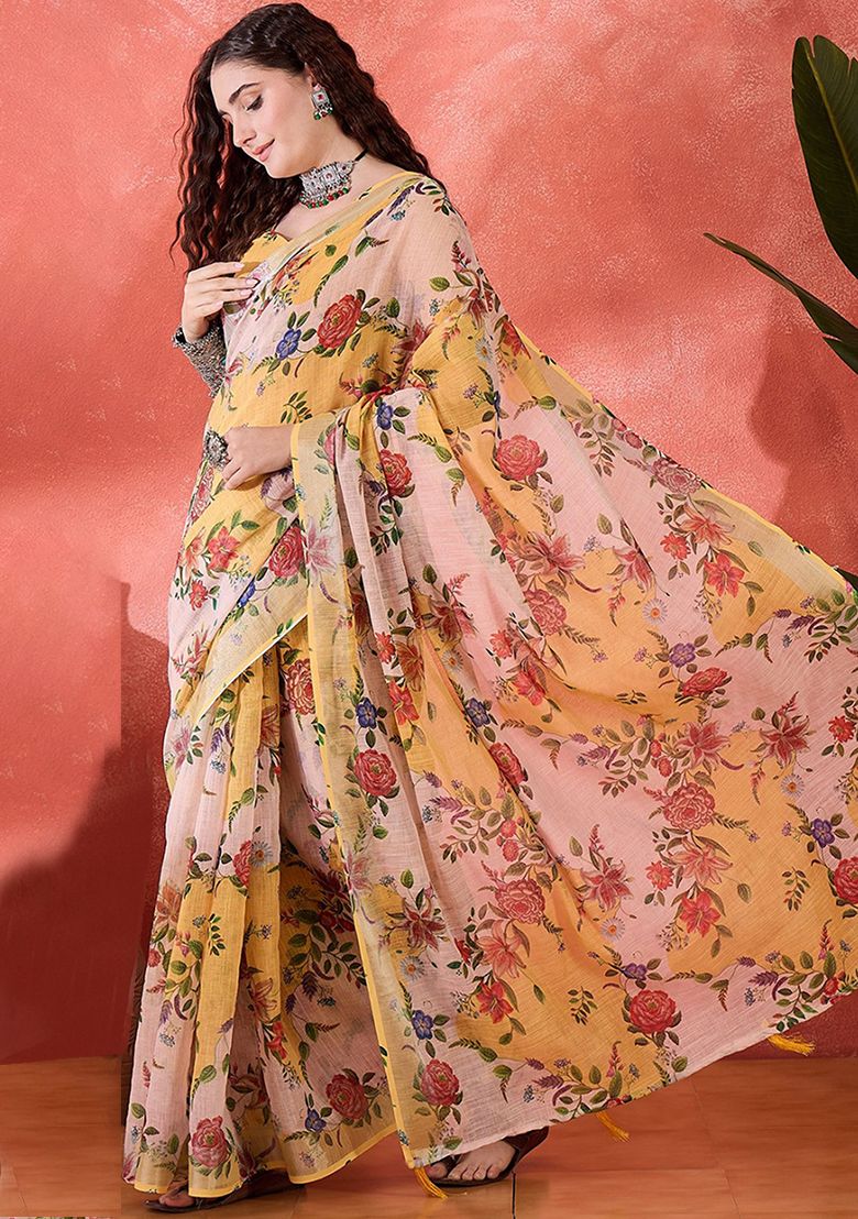 Multi Flower Digital Print Linen Saree with Unstitched Blouse
