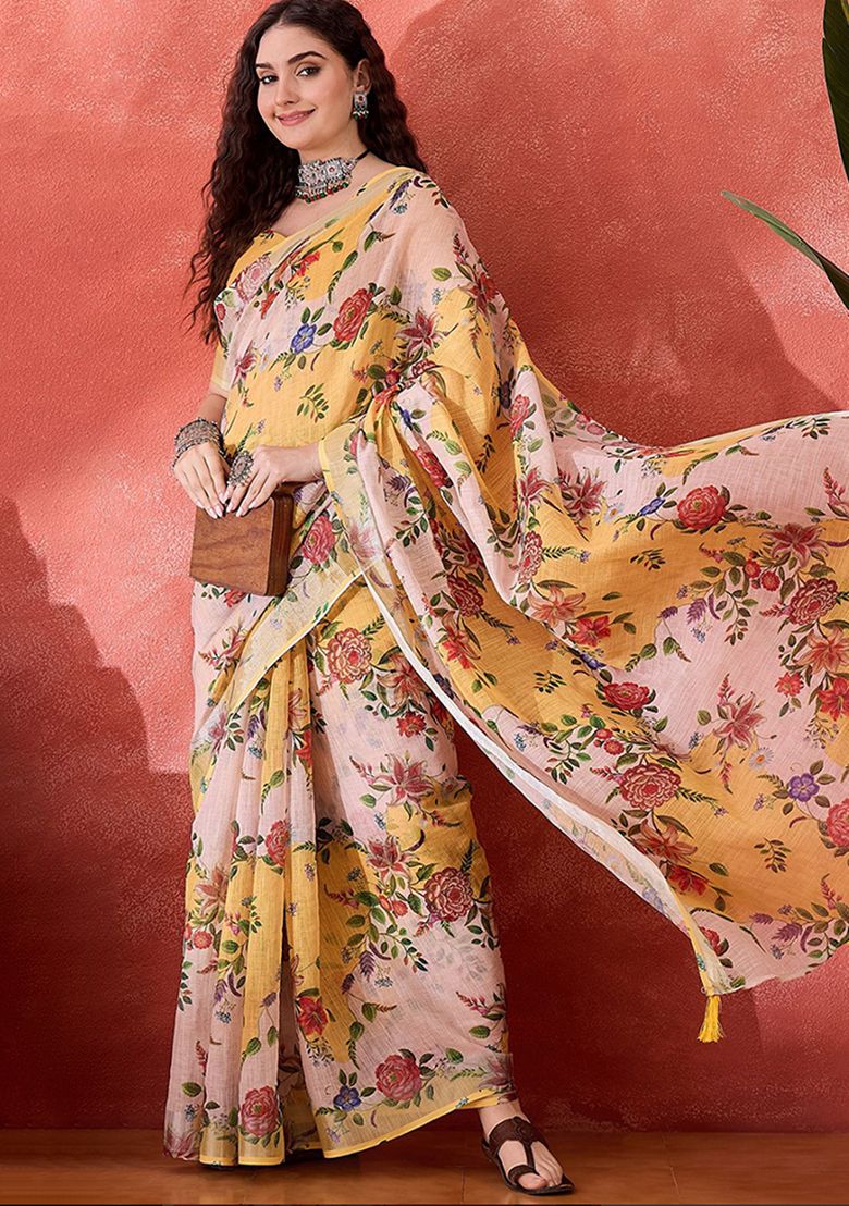Multi Flower Digital Print Linen Saree with Unstitched Blouse