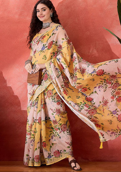 Multi Flower Digital Print Linen Saree with Unstitched Blouse