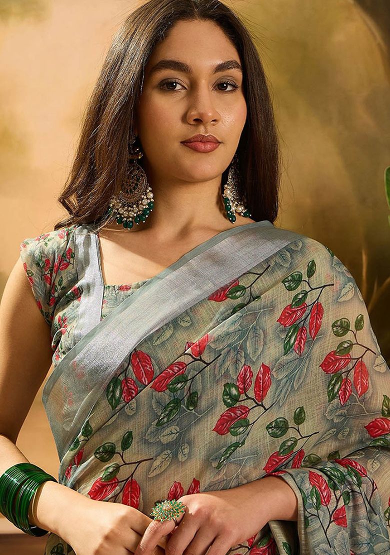 Multi Flower Digital Print Linen Saree with Unstitched Blouse