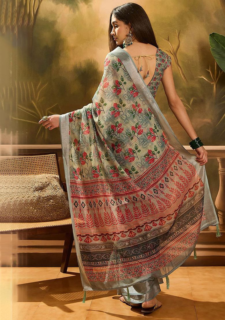 Multi Flower Digital Print Linen Saree with Unstitched Blouse