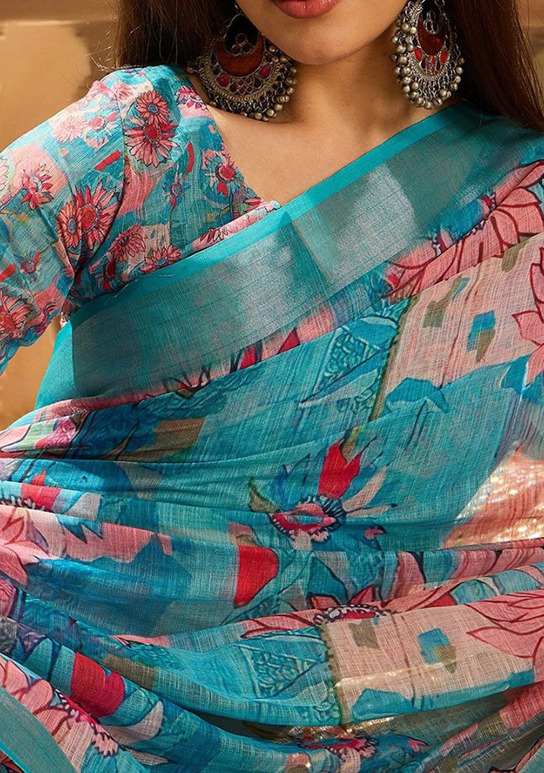 Multi Flower Digital Print Linen Saree with Unstitched Blouse