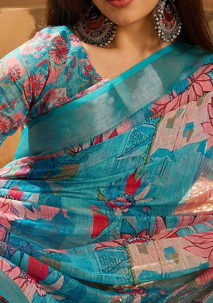 Multi Flower Digital Print Linen Saree with Unstitched Blouse