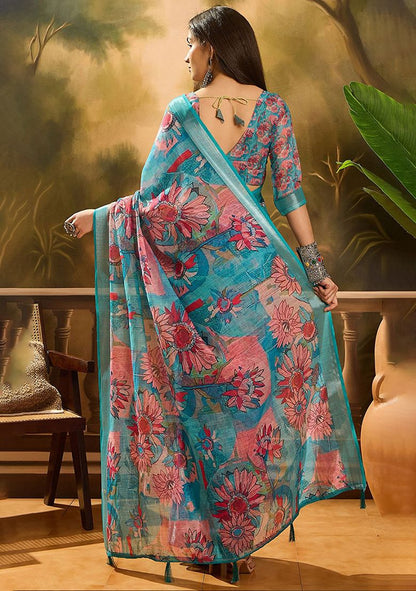 Multi Flower Digital Print Linen Saree with Unstitched Blouse