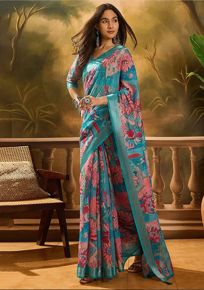 Multi Flower Digital Print Linen Saree with Unstitched Blouse