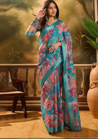 Multi Flower Digital Print Linen Saree with Unstitched Blouse