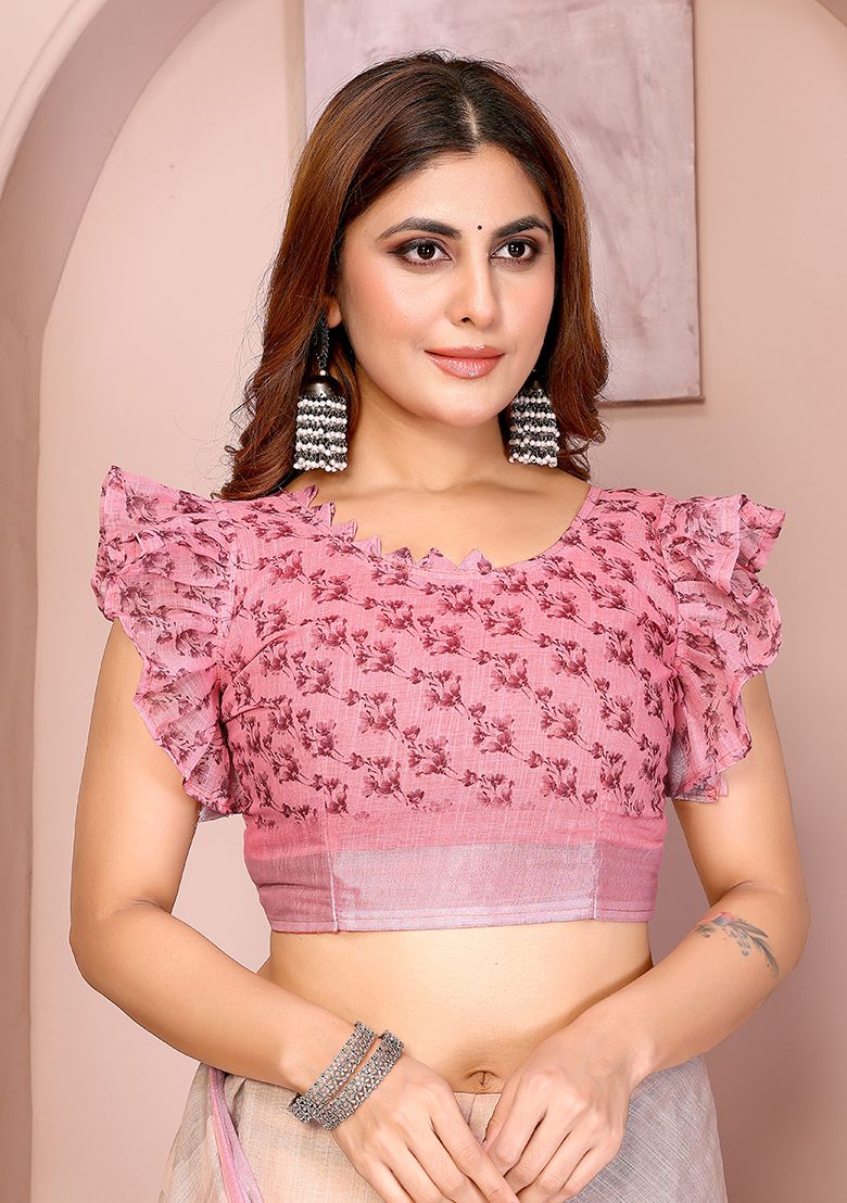Multi Flower Digital Print Linen Saree with Unstitched Blouse
