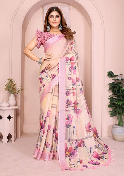 Multi Flower Digital Print Linen Saree with Unstitched Blouse