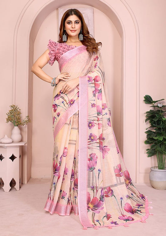 Multi Flower Digital Print Linen Saree with Unstitched Blouse
