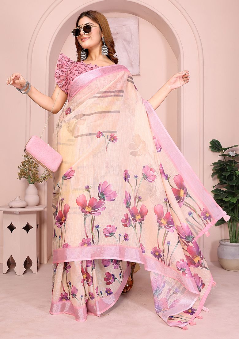 Multi Flower Digital Print Linen Saree with Unstitched Blouse