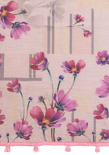 Multi Flower Digital Print Linen Saree with Unstitched Blouse