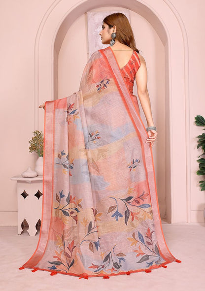 Multi Flower Digital Print Linen Saree with Unstitched Blouse
