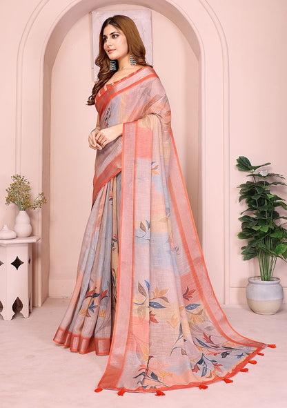 Multi Flower Digital Print Linen Saree with Unstitched Blouse