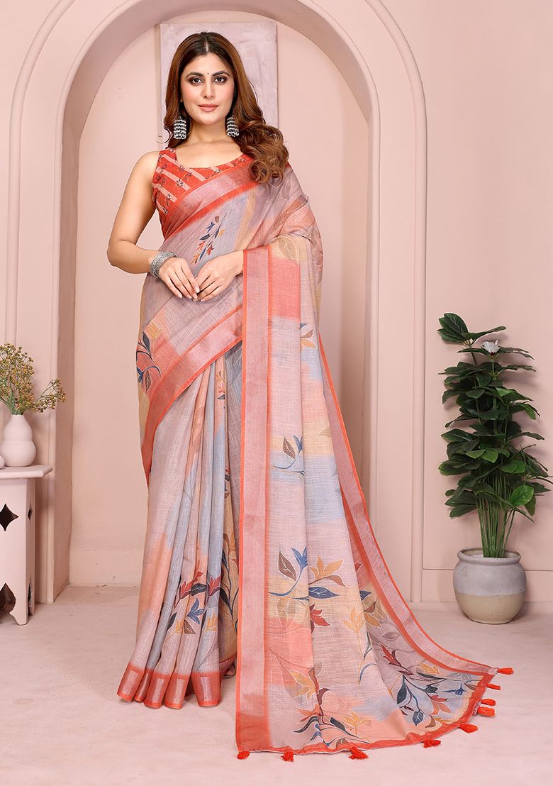 Multi Flower Digital Print Linen Saree with Unstitched Blouse