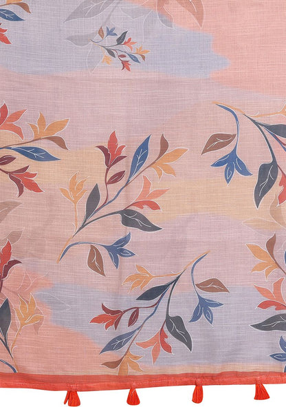 Multi Flower Digital Print Linen Saree with Unstitched Blouse