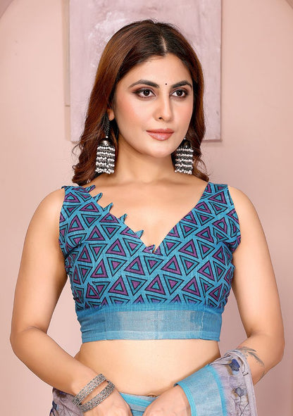 Multi Flower Digital Print Linen Saree with Unstitched Blouse