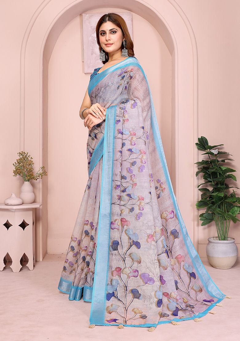 Multi Flower Digital Print Linen Saree with Unstitched Blouse