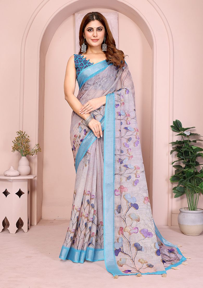 Multi Flower Digital Print Linen Saree with Unstitched Blouse
