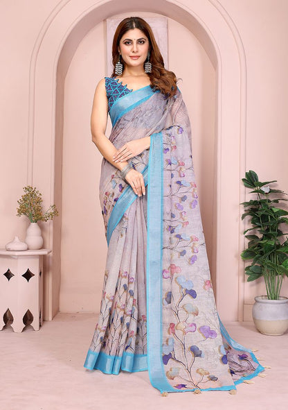Multi Flower Digital Print Linen Saree with Unstitched Blouse