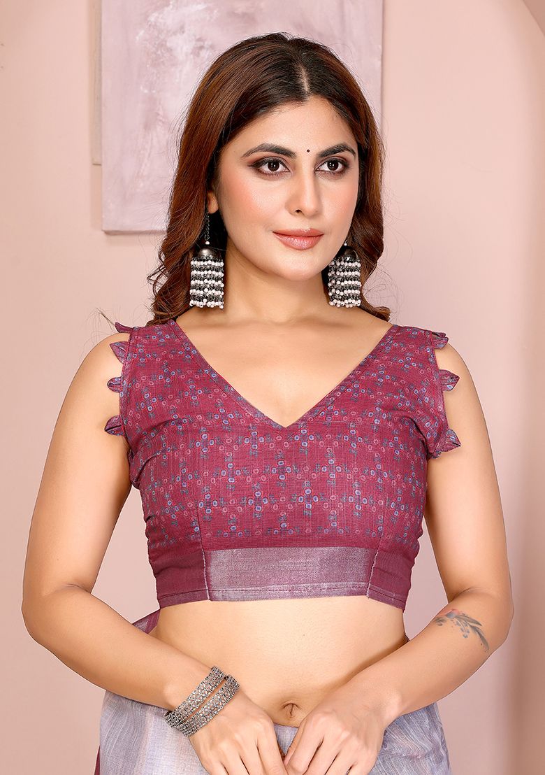 Multi Flower Digital Print Linen Saree with Unstitched Blouse