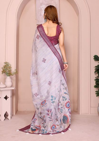 Multi Flower Digital Print Linen Saree with Unstitched Blouse