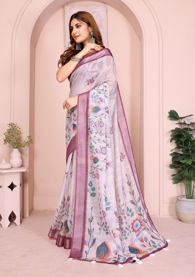 Multi Flower Digital Print Linen Saree with Unstitched Blouse