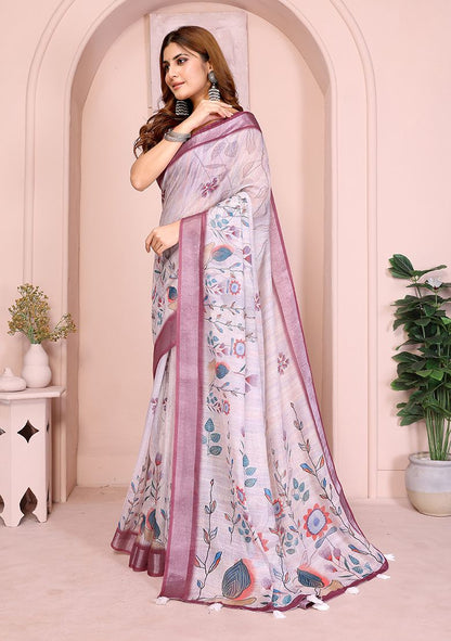 Multi Flower Digital Print Linen Saree with Unstitched Blouse