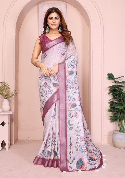 Multi Flower Digital Print Linen Saree with Unstitched Blouse