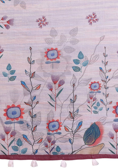 Multi Flower Digital Print Linen Saree with Unstitched Blouse