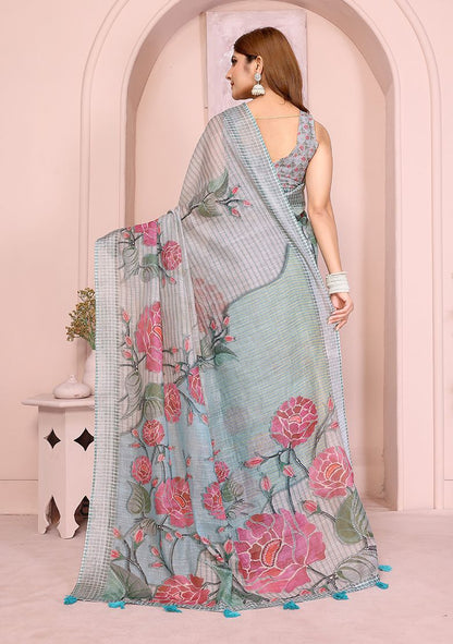 Multi Flower Digital Print Linen Saree with Unstitched Blouse