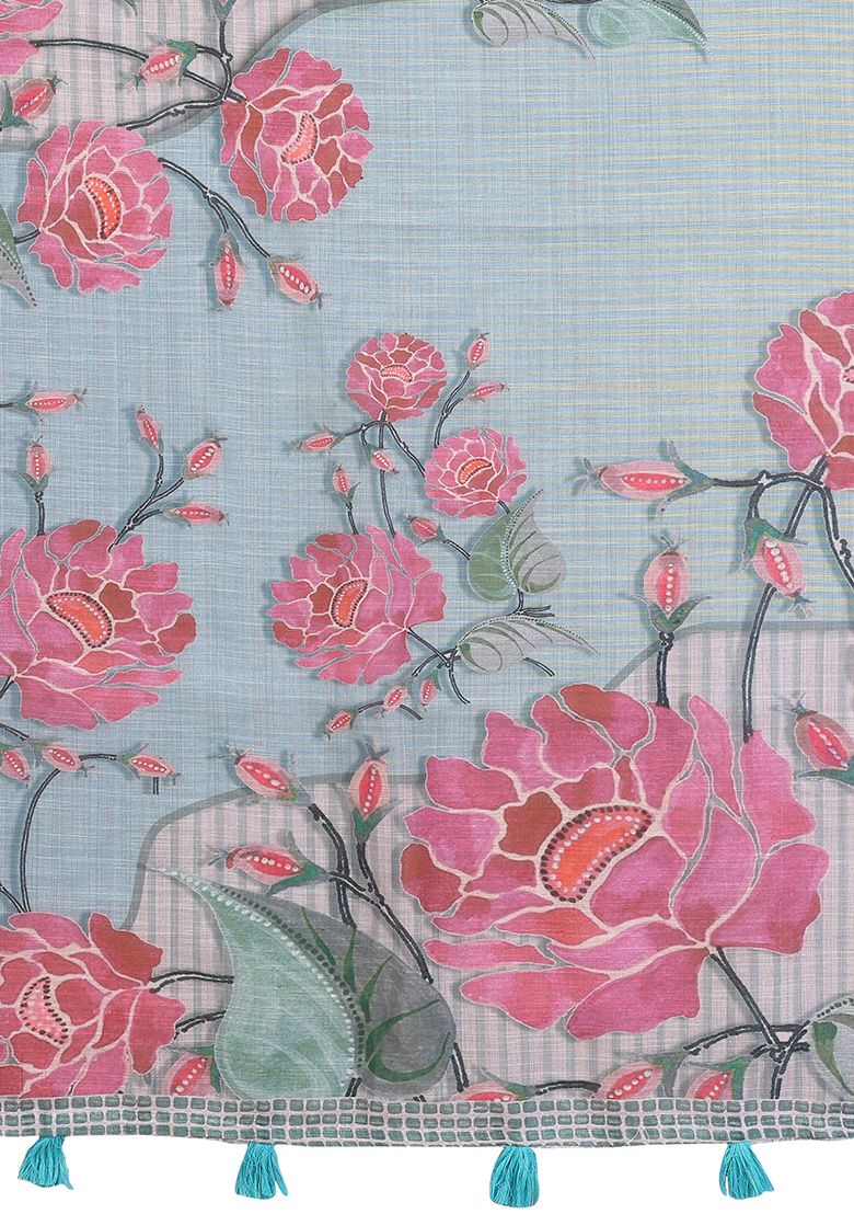 Multi Flower Digital Print Linen Saree with Unstitched Blouse