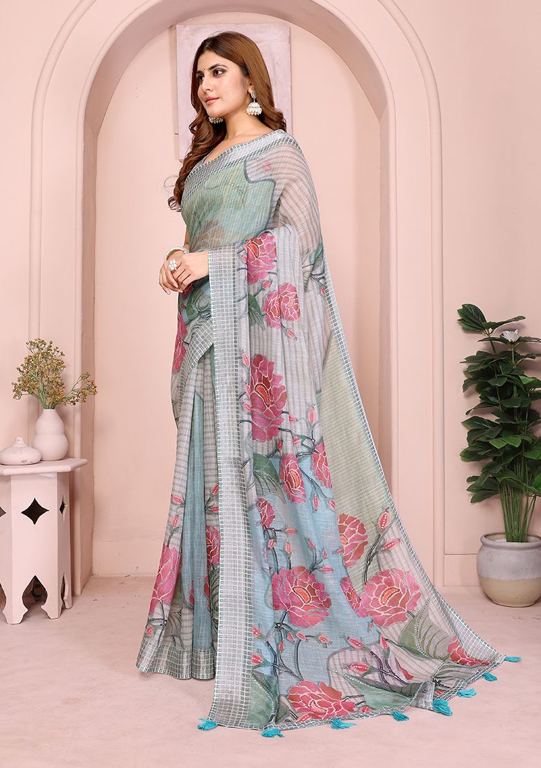 Multi Flower Digital Print Linen Saree with Unstitched Blouse