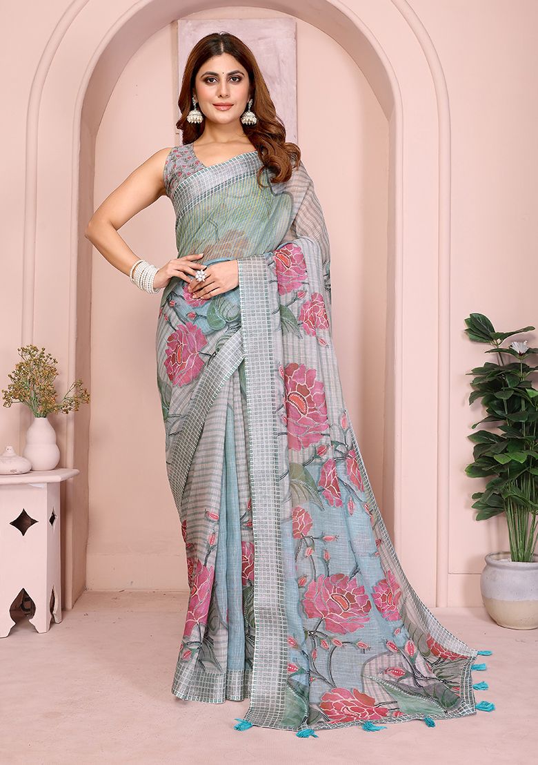 Multi Flower Digital Print Linen Saree with Unstitched Blouse