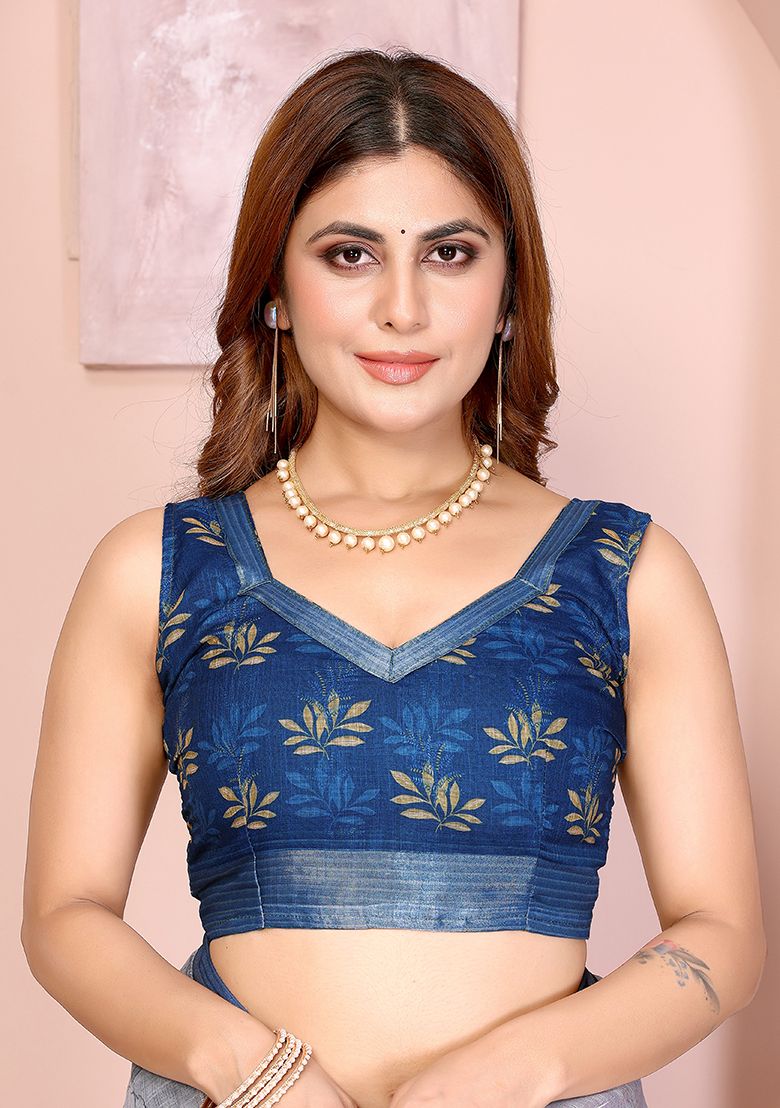 Multi Flower Digital Print Linen Saree with Unstitched Blouse