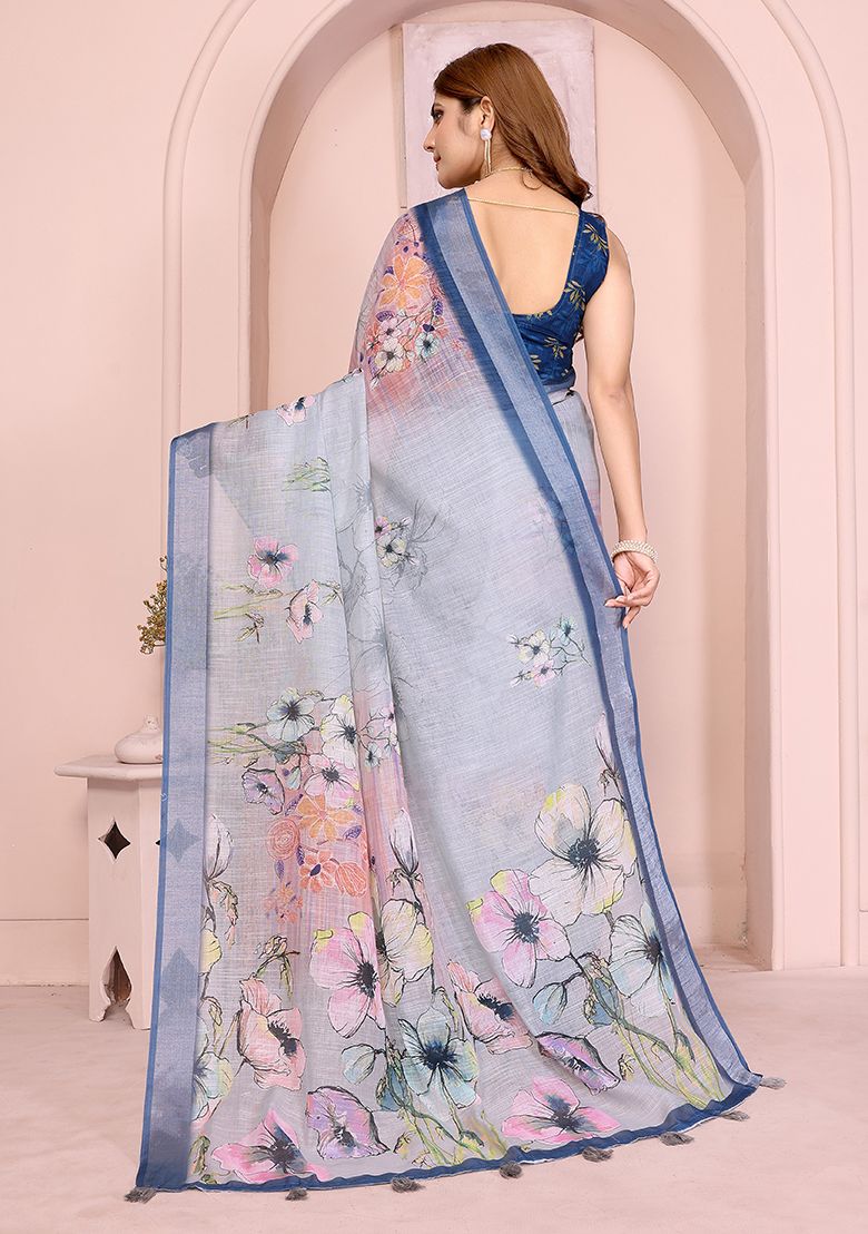 Multi Flower Digital Print Linen Saree with Unstitched Blouse