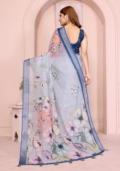 Multi Flower Digital Print Linen Saree with Unstitched Blouse
