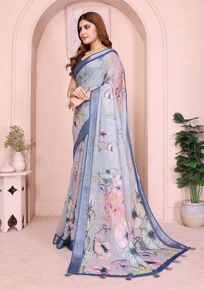 Multi Flower Digital Print Linen Saree with Unstitched Blouse