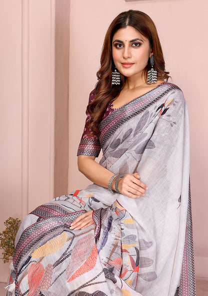Multi Flower Digital Print Linen Saree with Unstitched Blouse