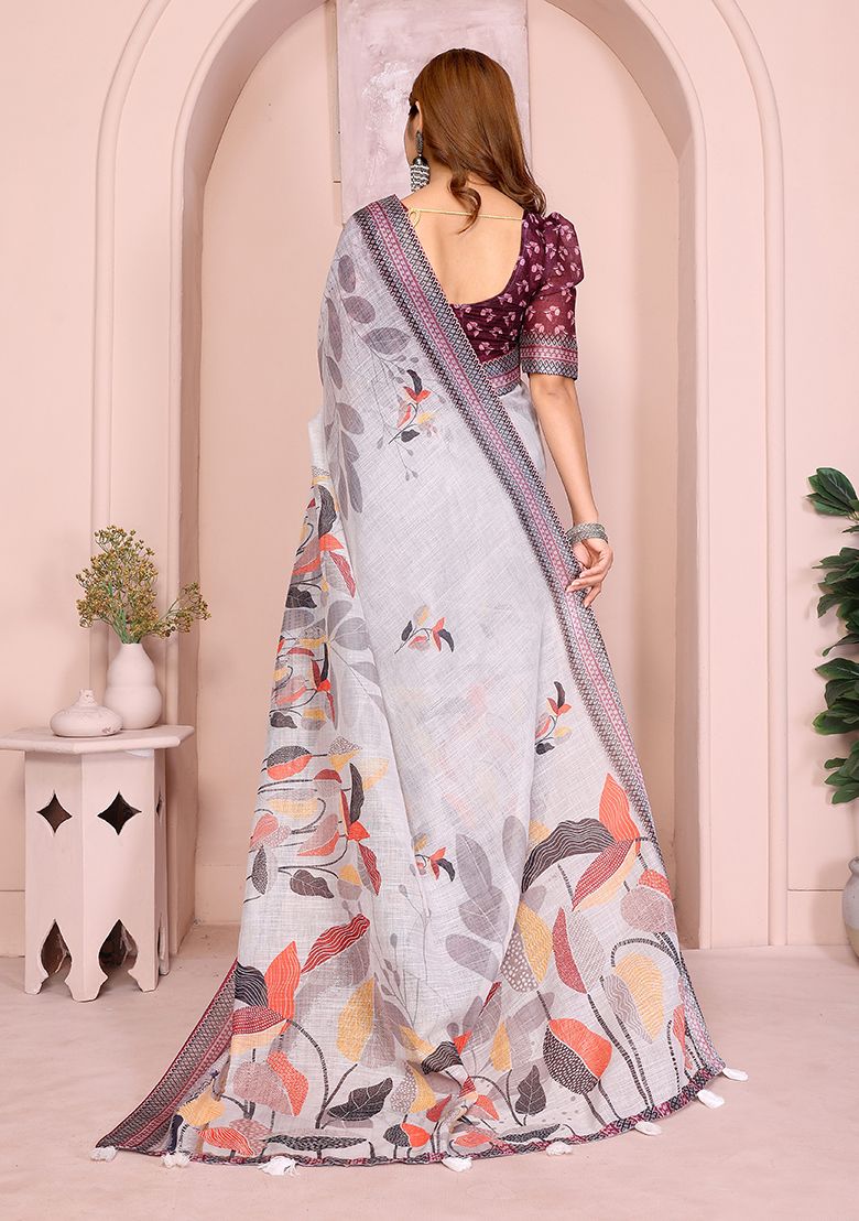 Multi Flower Digital Print Linen Saree with Unstitched Blouse