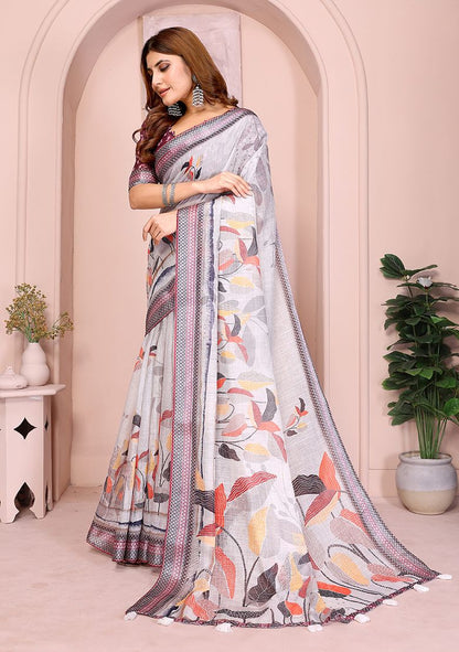 Multi Flower Digital Print Linen Saree with Unstitched Blouse