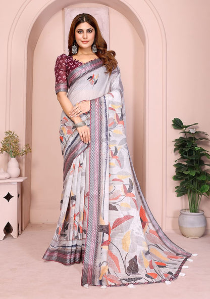 Multi Flower Digital Print Linen Saree with Unstitched Blouse