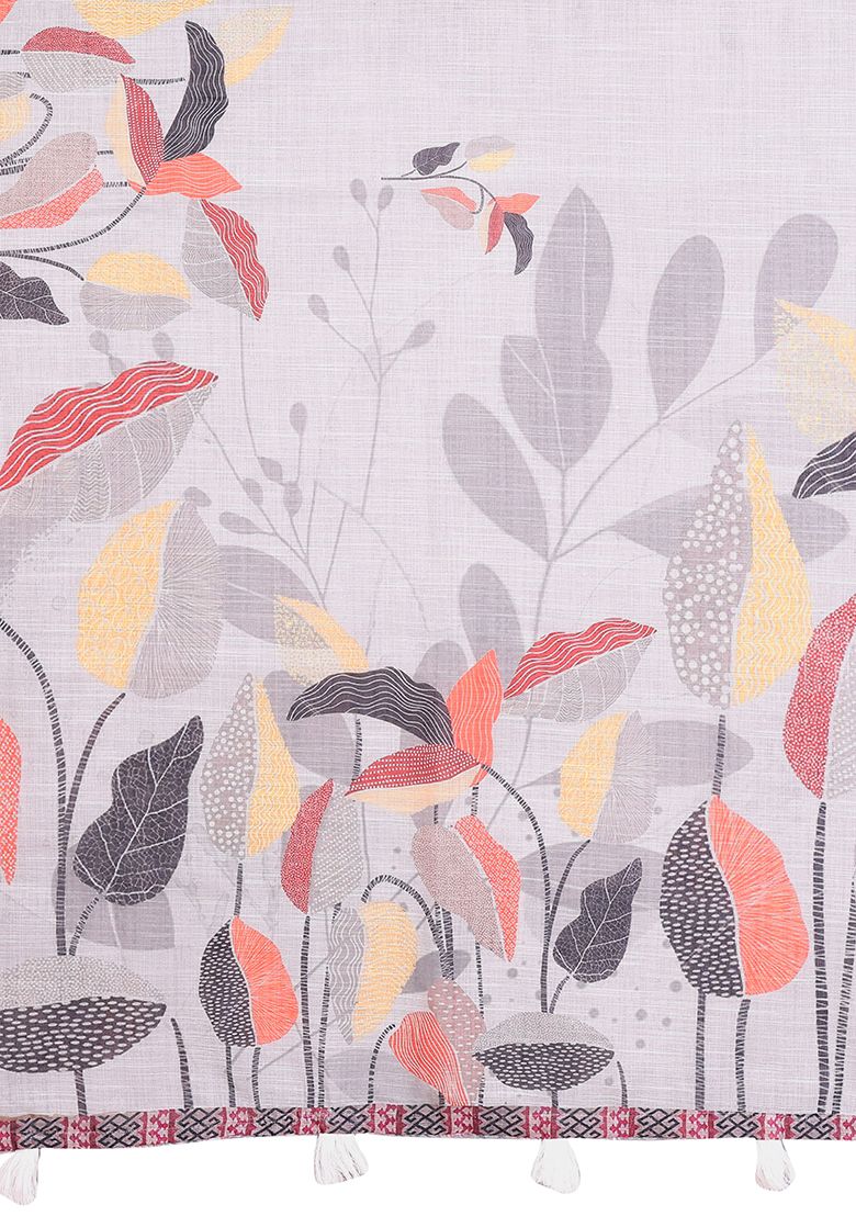 Multi Flower Digital Print Linen Saree with Unstitched Blouse
